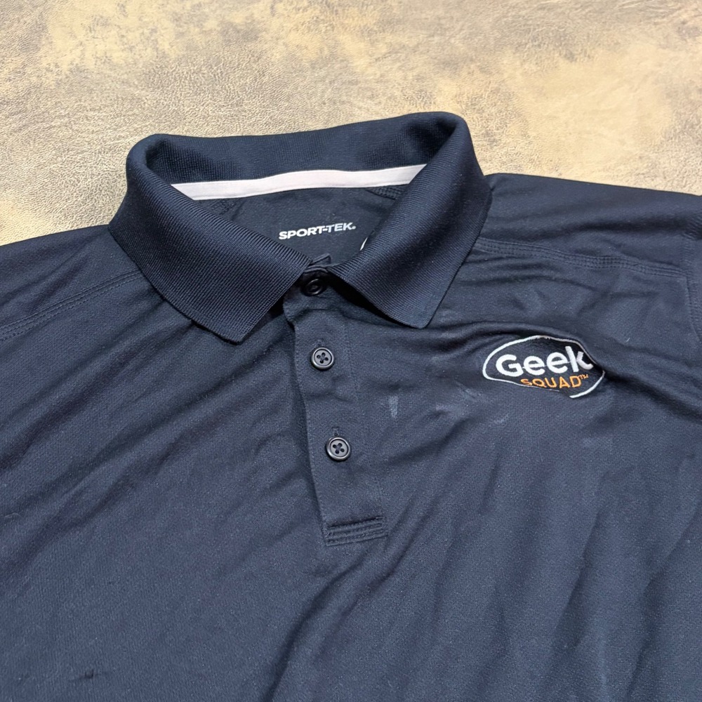 Sport-Tek Polo Shirt Mens L Black Best Buy Geek Squad Embroidered Performance